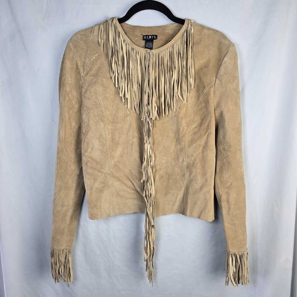 VTG Y2K Mixit Suede Western Fringe Jacket‎ Womens XL Tan Cowgirl Boho Festival